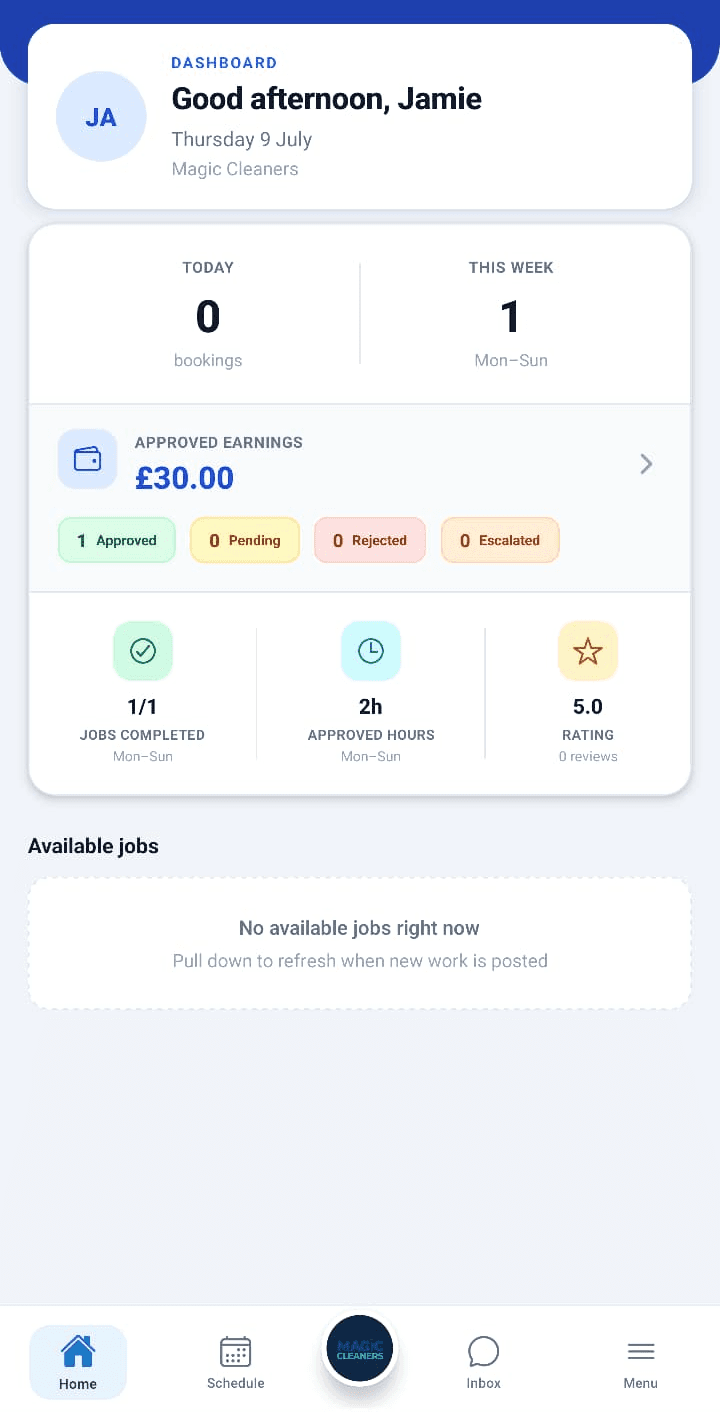 Magic Cleaners Pro dashboard showing today's jobs