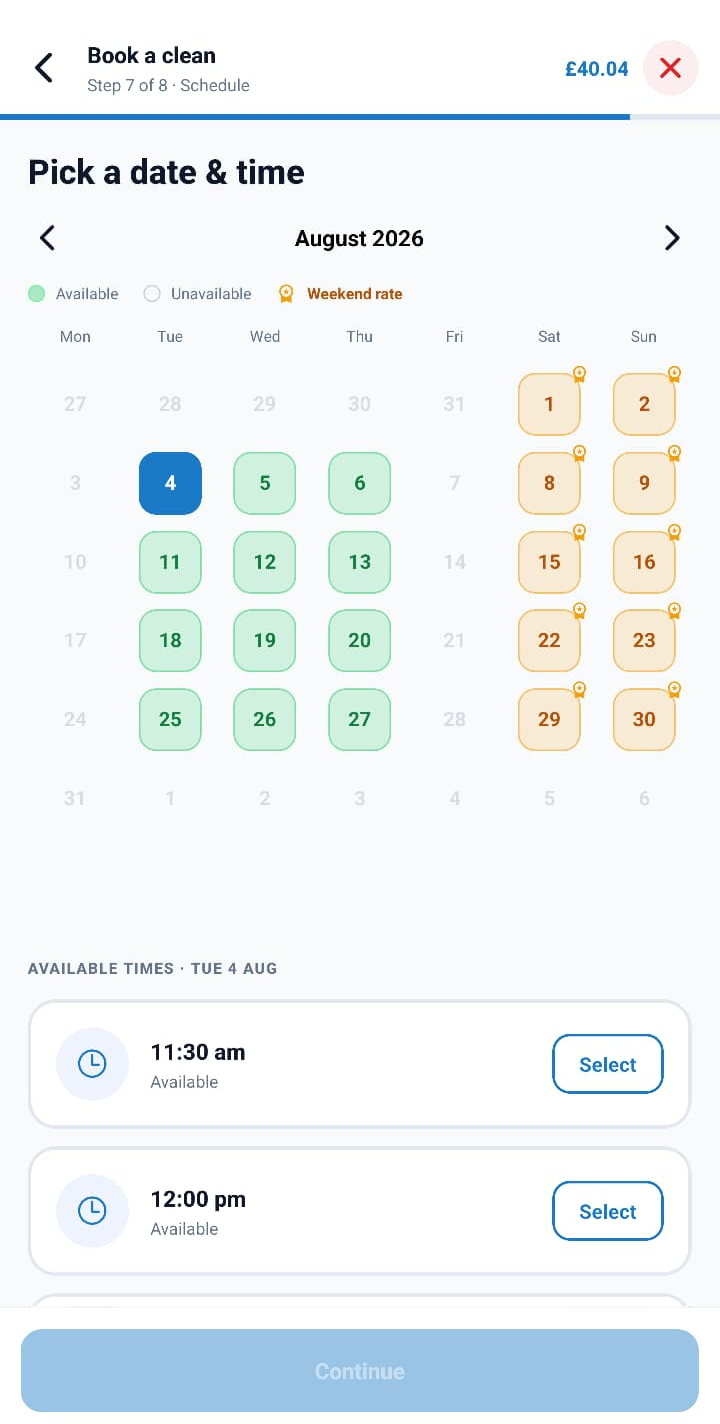 Magic Cleaners app booking availability calendar
