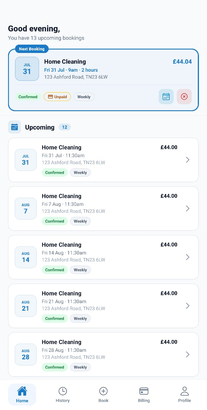 Magic Cleaners app dashboard with upcoming bookings